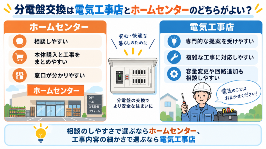 分電盤交換は電気工事店とホームセンターのどちらがよい？